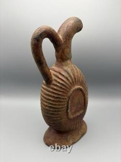 Jarre en terre cuite lourde avec anse, pichet rustique décor usé, brun, 10,5 pouces