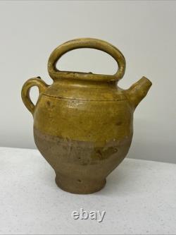 Joug deau gargoulette antique française en terre cuite émaillée jaune du 19ème siècle