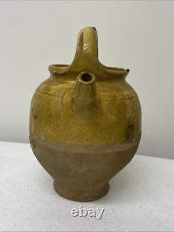 Joug deau gargoulette antique française en terre cuite émaillée jaune du 19ème siècle