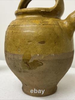 Joug deau gargoulette antique française en terre cuite émaillée jaune du 19ème siècle