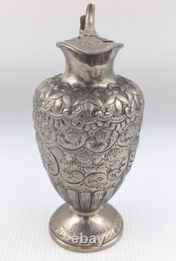 Jug à eau ou à vin en argent étamé anglais orné victorien avec poignée en bois SB&M A1