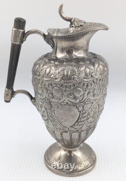 Jug à eau ou à vin en argent étamé anglais orné victorien avec poignée en bois SB&M A1
