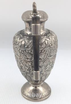 Jug à eau ou à vin en argent étamé anglais orné victorien avec poignée en bois SB&M A1