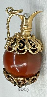 Pendentif vintage en or jaune 14 carats style étrusque avec pierre en forme de cruche à vin et d'eau, 17g