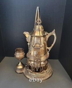 Pichet à eau double paroi en argent plaqué Homan orné antique avec support et tasse LOURD