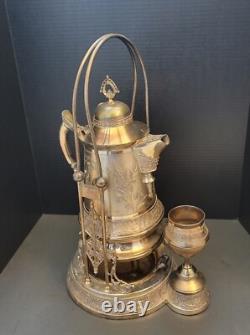 Pichet à eau double paroi en argent plaqué Homan orné antique avec support et tasse LOURD