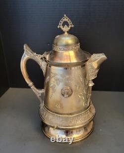 Pichet à eau double paroi en argent plaqué Homan orné antique avec support et tasse LOURD