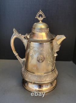 Pichet à eau double paroi en argent plaqué Homan orné antique avec support et tasse LOURD