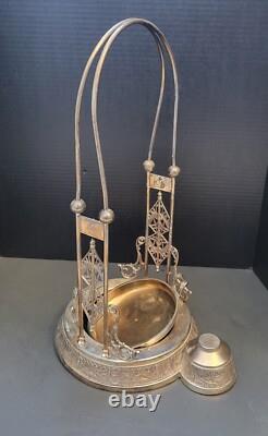Pichet à eau double paroi en argent plaqué Homan orné antique avec support et tasse LOURD