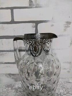Pichet à eau en verre Art Nouveau vintage avec surcouche en argent sterling et motif floral