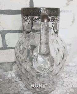 Pichet à eau en verre Art Nouveau vintage avec surcouche en argent sterling et motif floral