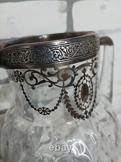 Pichet à eau en verre Art Nouveau vintage avec surcouche en argent sterling et motif floral