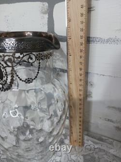 Pichet à eau en verre Art Nouveau vintage avec surcouche en argent sterling et motif floral