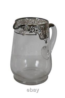 Pichet à eau floral en verre Art Nouveau avec incrustations en argent sterling