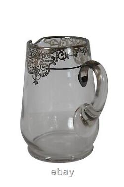 Pichet à eau floral en verre Art Nouveau avec incrustations en argent sterling