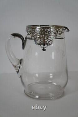 Pichet à eau floral en verre Art Nouveau avec incrustations en argent sterling