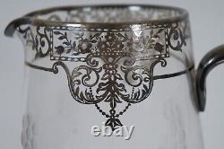 Pichet à eau floral en verre Art Nouveau avec incrustations en argent sterling