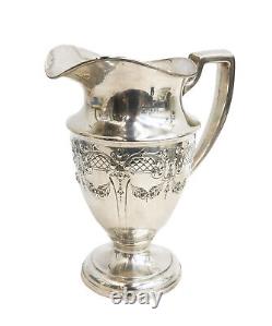 Pichet d'eau en argent sterling gravé ACSME vers 1900 avec guirlandes florales