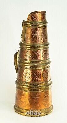 Pichet d'eau en cuivre et laiton chinois antique des années 1800, haut broc à eau avec ciselure à la main