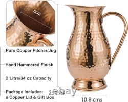 Pichet en cuivre pur avec couvercle, grande cruche à eau martelée faite à la main, 70 oz/2000 ml Pichet en cuivre pur avec couvercle, grande cruche à eau martelée faite à la main, 70 oz/2000 ml