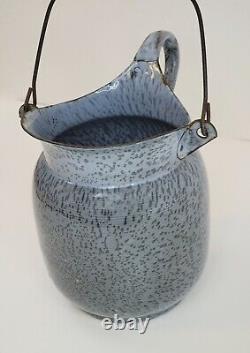 Pichet en émail moucheté gris pour lait ou eau avec poignée - Graniteware RARE & Large