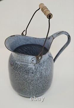 Pichet en émail moucheté gris pour lait ou eau avec poignée - Graniteware RARE & Large