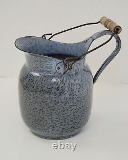 Pichet en émail moucheté gris pour lait ou eau avec poignée - Graniteware RARE & Large