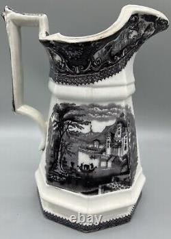 Pichet en fonte Staffordshire Mulberry Ironstone 19c avec motif de transfert Water Castle Milk