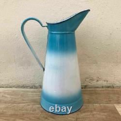 Pichet vintage en émail français, cruche en émail bleu et blanc 0802187