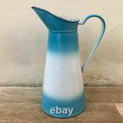Pichet vintage en émail français, cruche en émail bleu et blanc 0802187