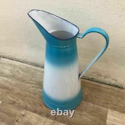 Pichet vintage en émail français, cruche en émail bleu et blanc 0802187