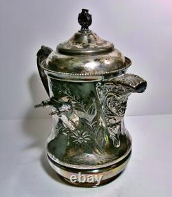 Pichets à eau inclinables en argent argenté ancien de la Monarch Silver Co. avec insert en porcelaine