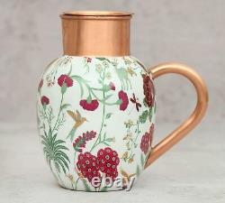 Pitchers Water Jug Pure Cooper Poppy Flower Printed Copper Jug With LID 1500 ML