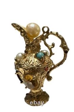 Porte-clé en forme de pichet à eau ou à vin en pierres précieuses rares en or jaune solide 14K vintage