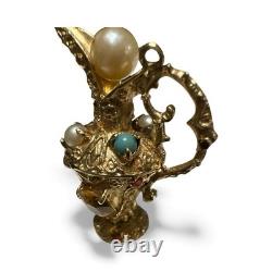 Porte-clé en forme de pichet à eau ou à vin en pierres précieuses rares en or jaune solide 14K vintage
