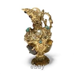 Porte-clé en forme de pichet à eau ou à vin en pierres précieuses rares en or jaune solide 14K vintage