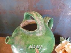 Rare ancien pichet en céramique vernissée verte de Plongeon Gargoulette