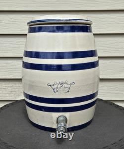 Récipient à eau Vintage Roseville Robinson 2 gallons avec couvercle et rayures bleues