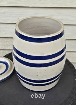 Récipient à eau Vintage Roseville Robinson 2 gallons avec couvercle et rayures bleues