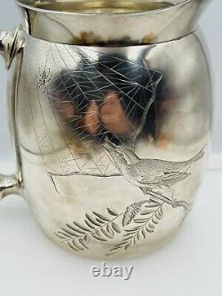 Tiffany & Co Rare Antique Sterling Argent Esthétique Spiderweb Bird Water Pitcher
