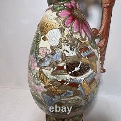 Vase Satsuma Antique Vtg Pichet d'eau en céramique peint à la main avec guerrier samouraï.