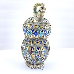 Vase à eau en métal marocain vintage incrusté de filigrane peint à la main