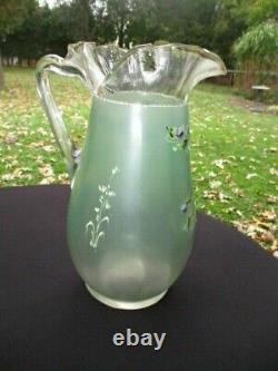 Victorian Glass Lemonade Water Pitcher Jug Émail Violets Violets Satin Vert