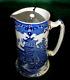 Vtg Burleigh Ware Blue Willow 7t Pint Jug Pitcher Hot Water Pewter Lid, Angleterre