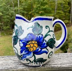 Vtg Espagne Pichets en Céramique Espagnole Carafe Art Pottery Peinte à la Main Fleur Oiseau