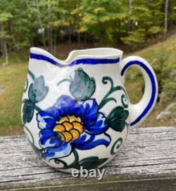 Vtg Espagne Pichets en Céramique Espagnole Carafe Art Pottery Peinte à la Main Fleur Oiseau