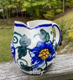 Vtg Espagne Pichets en Céramique Espagnole Carafe Art Pottery Peinte à la Main Fleur Oiseau