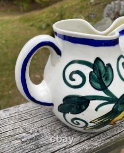 Vtg Espagne Pichets en Céramique Espagnole Carafe Art Pottery Peinte à la Main Fleur Oiseau