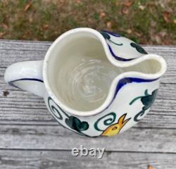 Vtg Espagne Pichets en Céramique Espagnole Carafe Art Pottery Peinte à la Main Fleur Oiseau