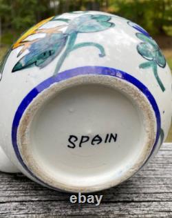Vtg Espagne Pichets en Céramique Espagnole Carafe Art Pottery Peinte à la Main Fleur Oiseau